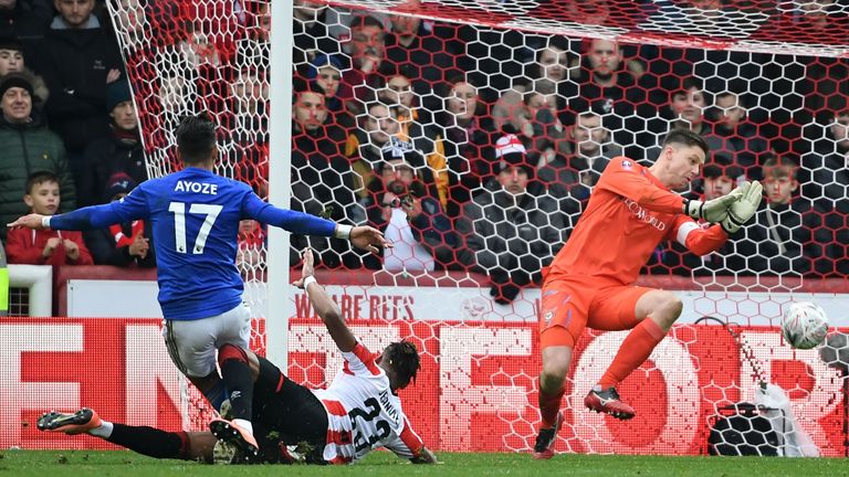 Ayoze Perez goes close to finding a second for Leicester but his shot is saved