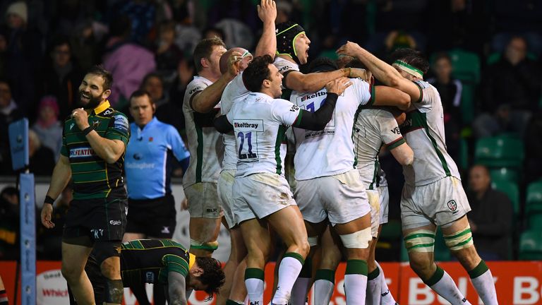London Irish celebrate their match-winning try