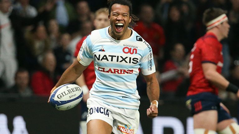  Teddy Thomas celebrates scoring his crucial try during Racing 92's win against Munster