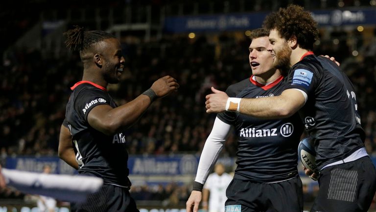 Duncan Taylor, Rotimi Segun and Ben Spencer celebrate a try in Saracens' win over Worcester