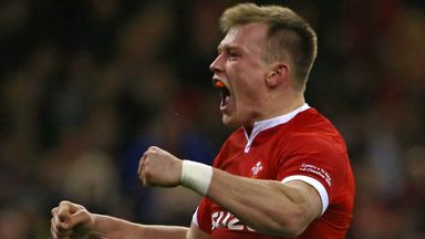 Wales' Nick Tompkins celebrates scoring a try against Italy