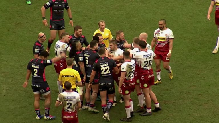Liam Farrell and FC's Josh Griffin were involved in a scuffle just before half-time at the DW Stadium