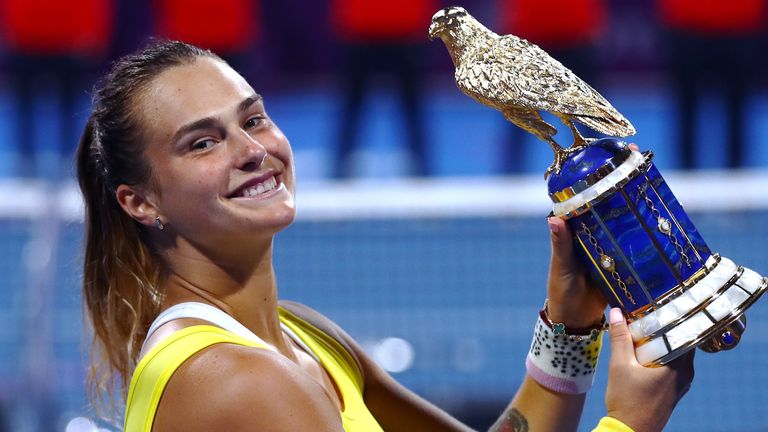Aryna Sabalenka celebrates her win at the Qatar Open