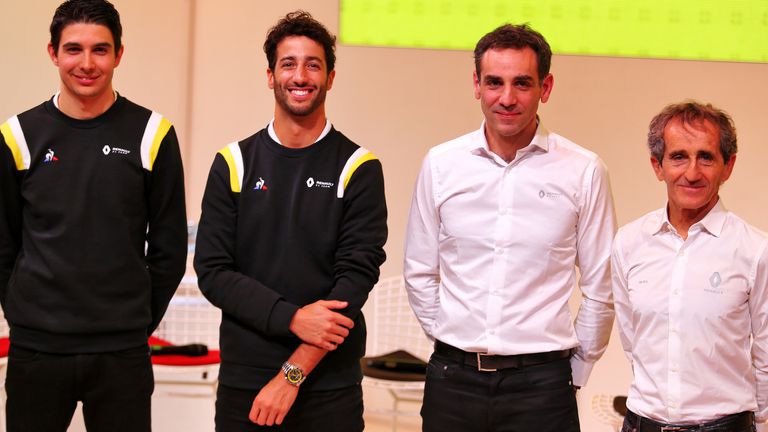 Esteban Ocon, Daniel Ricciardo, Cyril Abiteboul and Alain Prost at Renault's 'season launch' in Paris