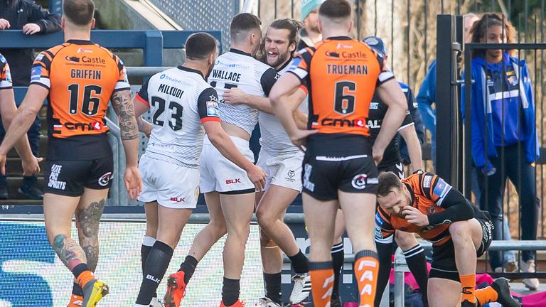 Liam Kay and his team-mates celebrate Toronto's first try in Super League