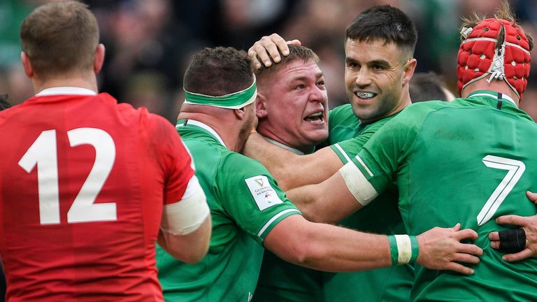 Tadhg Furlong is congratulated after scoring Ireland's second try