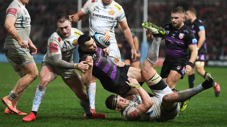 Tom Marshall is brought down by the Exeter defence