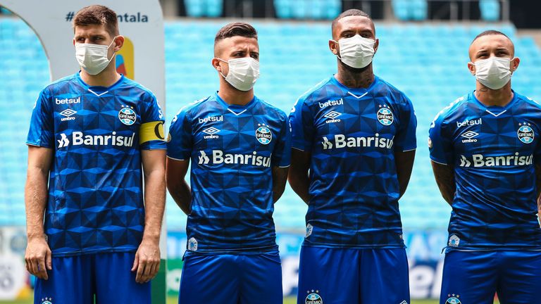 Players at Brazilian club Gremio wore face masks in protest at their match taking place despite the coronavirus outbreak - but protective equipment could become a common sight at Premier League training grounds