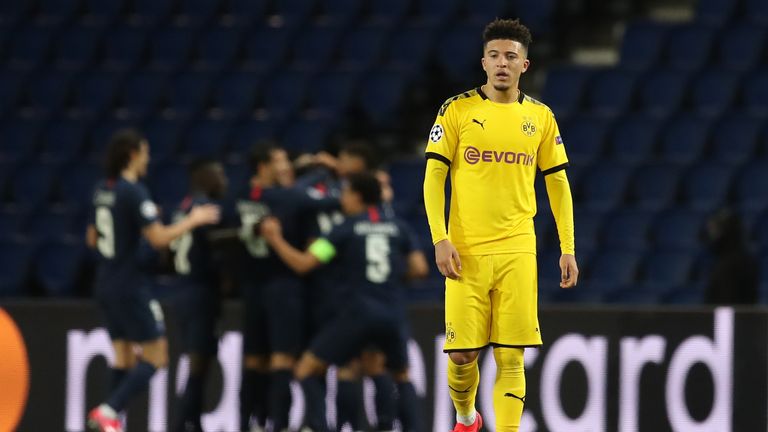 Jadon Sancho reacts to Juan Bernat's strike on the stroke of half-time