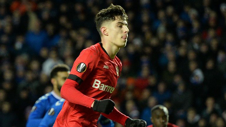 Havertz celebrates scoring for Bayer Leverkusen against Rangers in their Europa League match