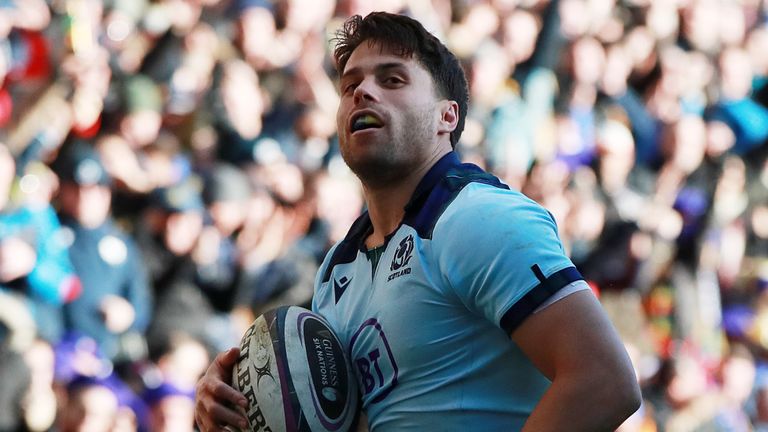 Sean Maitland celebrates a try for Scotland against France