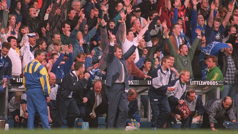 Joe Royle celebrates an Everton goal in the FA Cup semi-final victory