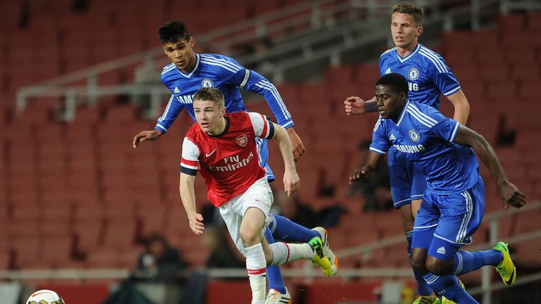 Former Arsenal midfielder Daniel Crowley takes on Ruben Loftus-Cheek, Houghton and Isak Ssewankambo in 2014