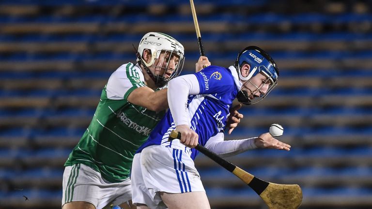 Lee Chin of Leinster tackles Shane Bennett of Munster during the 2016 hurling final