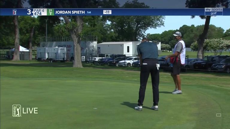 Jordan Spieth makes a four-putt double-bogey, including three putts from inside three feet, to lose his lead.