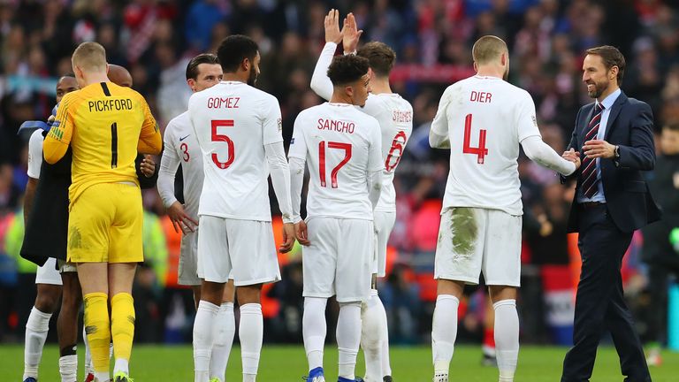 England players and manager Gareth Southgate celebrate after UEFA Nations League A group four win over Croatia in November 2018