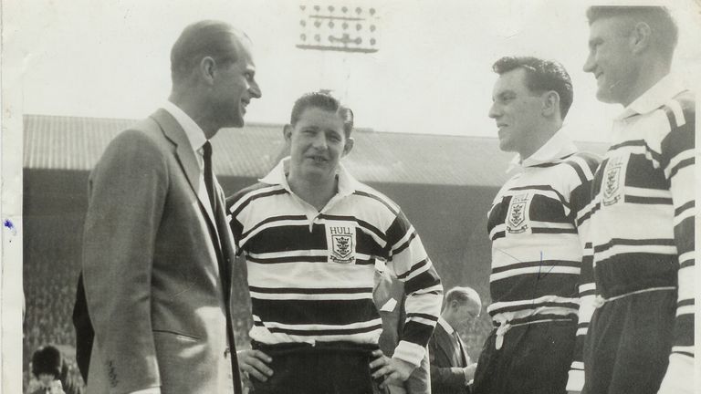 Johnny Whiteley as Hull captain with Prince Phillip ahead of the Challenge Cup final