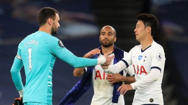 Image of Lucas Moura (centre) looks on as Hugo Lloris and Heung-Min Son celebrate victory over Everton