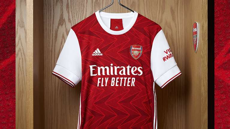 A dark shade of red is used throughout Arsenal&#8217;s 2020/21 home kit to celebrate the club&#8217;s heritage