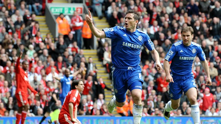 Lampard scores for Chelsea at Anfield in May 2010