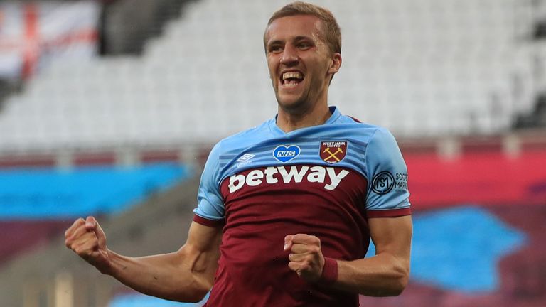 Tomas Soucek celebrates scoring for West Ham against Watford