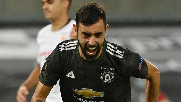 Bruno Fernandes celebrates scoring for Man Utd vs Sevilla