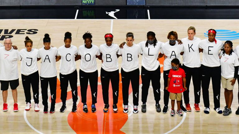 WNBA team the Washington Mystics wore T-shirts spelling out the name of Jacob Blake, who was shot by police in Wisconsin last week