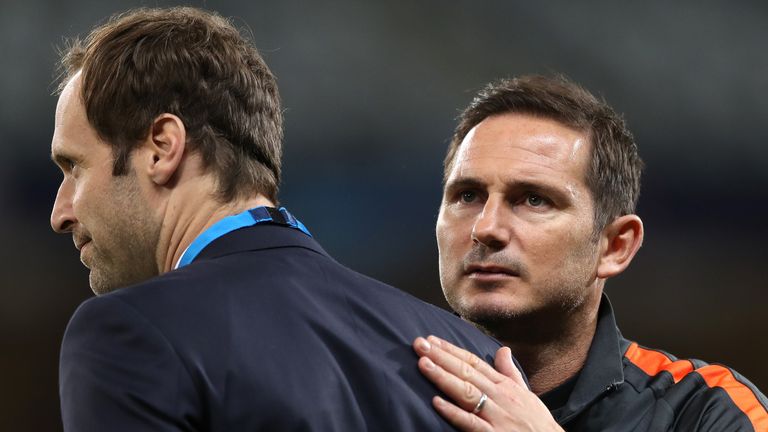 Performance and technical advisor Petr Cech (L) oversees transfers at Chelsea alongside head coach Frank Lampard (R).