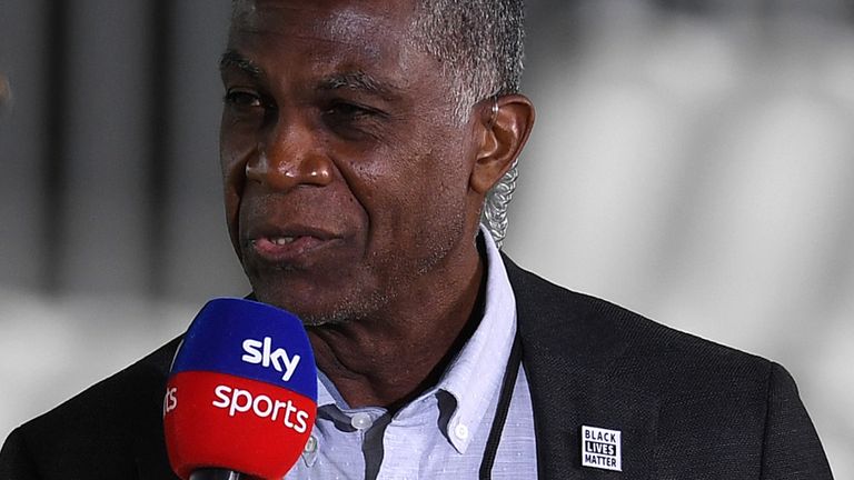 Sky Sports pundit Michael Holding, wearing a Black Lives Matter badge during the second Test between England and West Indies
