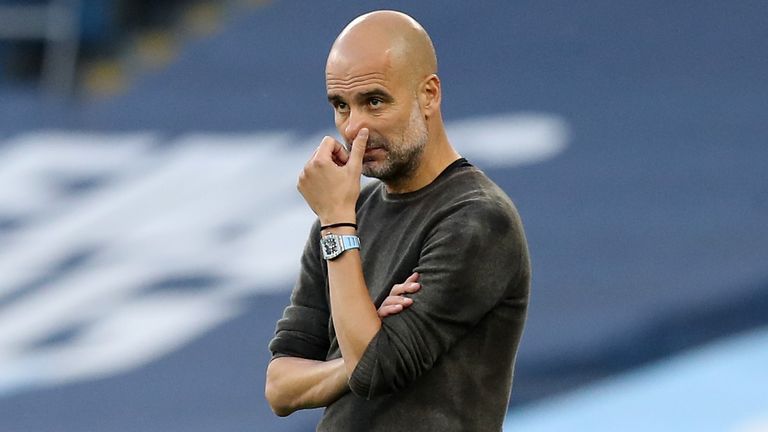 Pep Guardiola during Man City's 5-2 home defeat to Leicester City