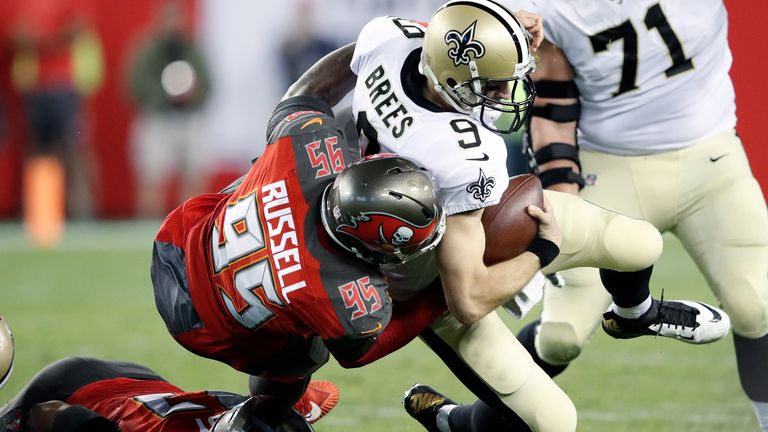 Russell sacking NFL great Drew Brees of the New Orleans Saints during a Buccaneers victory in 2017