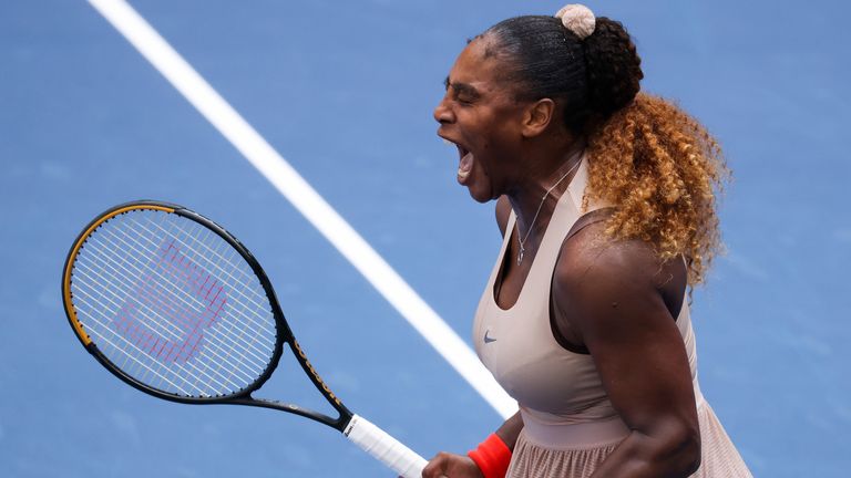 Serena Williams remains on course for a seventh US Open title with a win over Maria Sakkari - her 100th win on Arthur Ashe court
