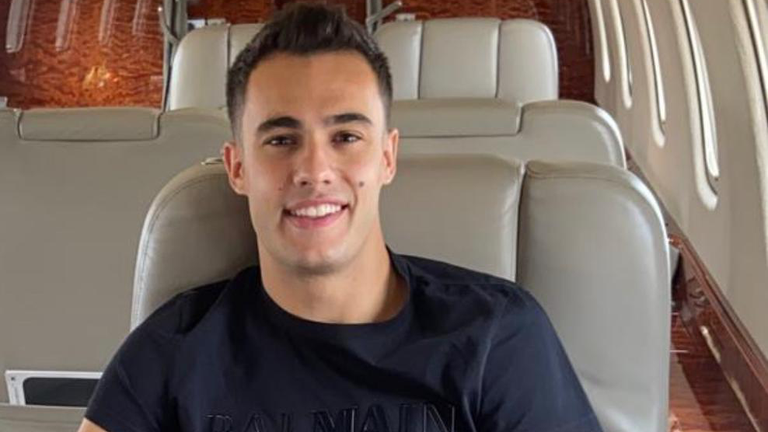 Sergio Reguilon pictured on board Tottenham chairman Daniel Levy&#8217;s private jet on Friday morning