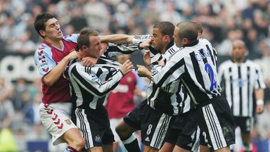 Lee Bowyer and Kieron Dyer of Newcastle come to blows during the FA Barclays Premiership match between Newcastle United and Aston Villa at St James Park on April 2, 2005 in Newcastle, England.
Getty Images