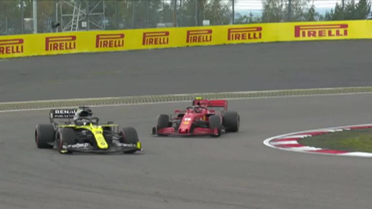 The old-switchback for the overtaking master pays dividends on the Ferrari, with Ricciardo switching from outside to in on the exit of Turn One and then going the long way around Leclerc through Turn Two