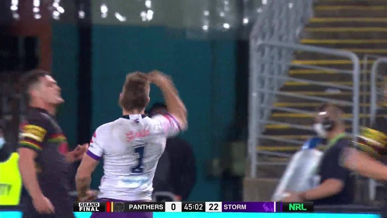 Watch as Ryan Papenhuyzen slices through the middle of the Panthers defence and speeds his way for a great try in the NRL final.