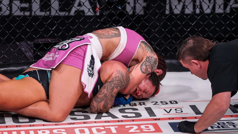 Cyborg picked up another first in her MMA career - beating Arlene Blencowe with a rear-naked choke - her first career submission win