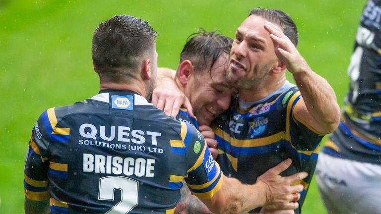 Leeds celebrate Tom Briscoe's first-half try in their semi-final win over Wigan