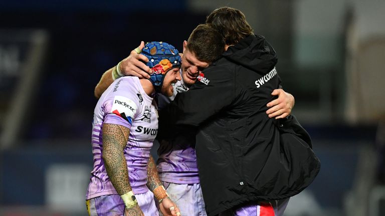 Jack Nowell, Don Armand and Dave Ewers celebrate winning the Champions Cup for the first time