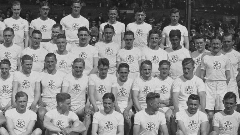 The British team at the International Relay and Team Match against Germany in 1929 - Jack London is fourth from the right in the third row