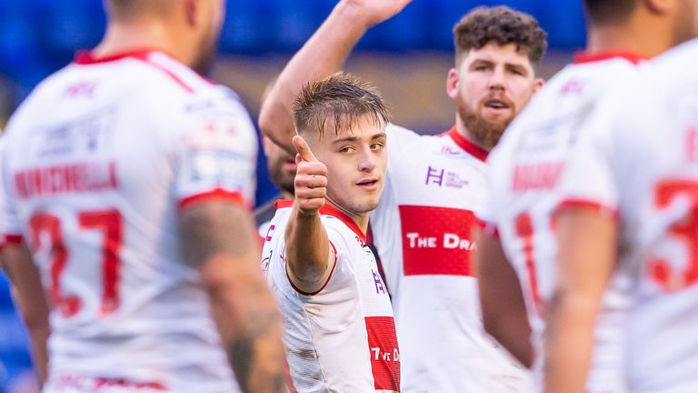 Mikey Lewis celebrates his first try for Hull KR in the win over Salford