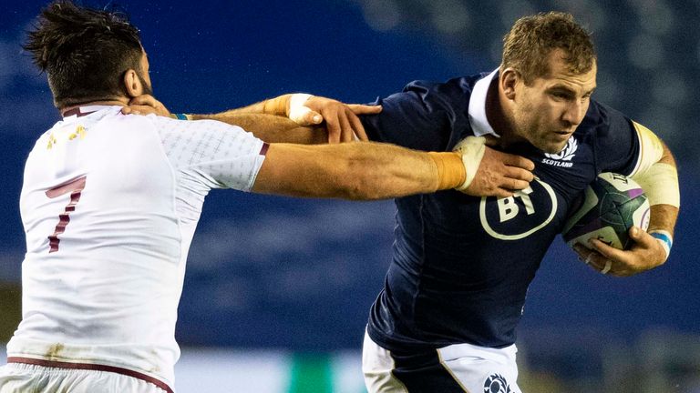 Fraser Brown delivered a two-try performance in his first game as Scotland skipper