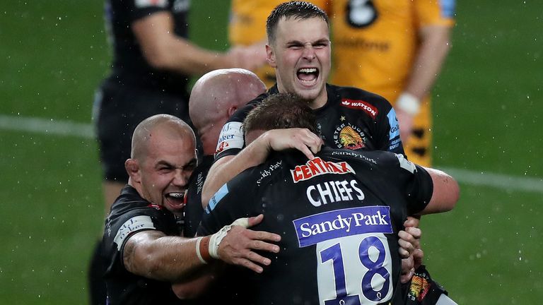 Exeter Chiefs celebrate their Premiership final win over Wasps