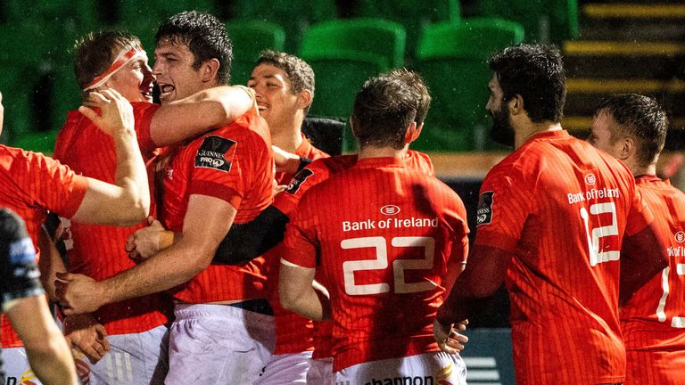 Munster's Jean Kleyn celebrates notching the bonus-point try against Glasgow