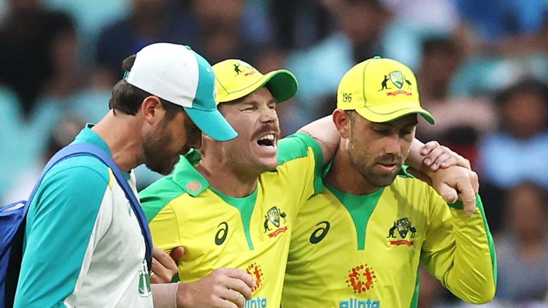 David Warner limped off with a groin strain in Australia's win over India on Sunday