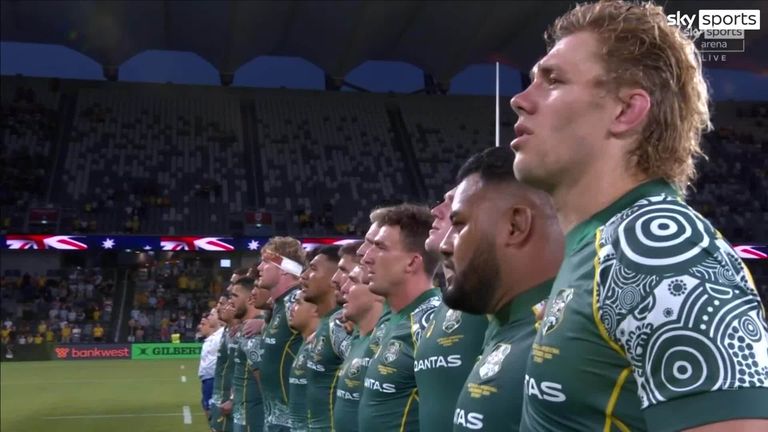 Olivia Fox sings Australian national anthem in the Eora language before continuing to sing the rest of the anthem in English.