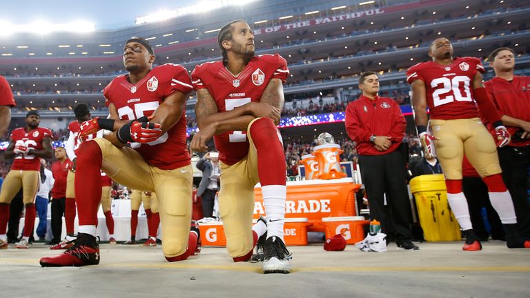 Reid and Kaepernick kneel during the anthem, prior to the game against the Los Angeles Rams in September 2016