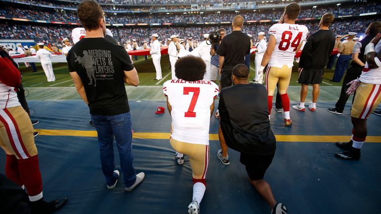 Reid, Kaepernick and Boyer (left) prior to the game against the San Diego Chargers at Qualcomm Stadium on September 1, 2016