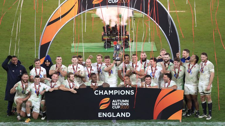 England captain Owen Farrell lifts the Autumn Nations Cup