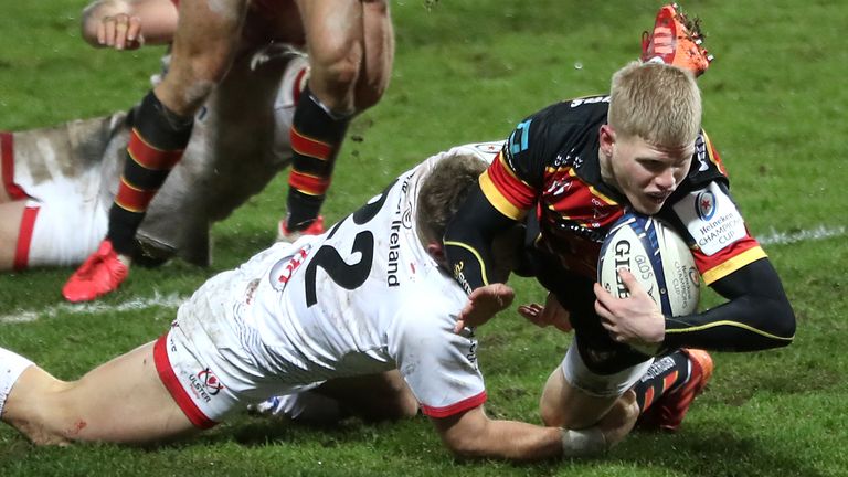 George Barton dives over to grab the game-clinching try for Gloucester